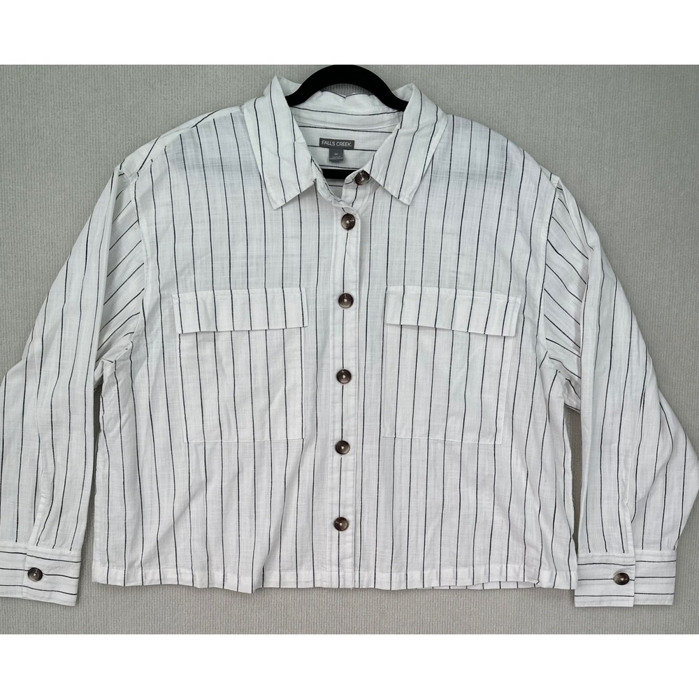 Falls Creek Women's 1X White Black Striped Button Front Shirt 100% Cotton Boxy